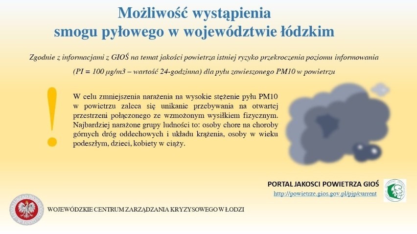 Uwaga! Smog w Łodzi i regionie. Ostrzeżenie przed smogiem pyłowym. Komunikat Wojewódzkiego Centrum Zarządzania Kryzysowego 15.11.2021