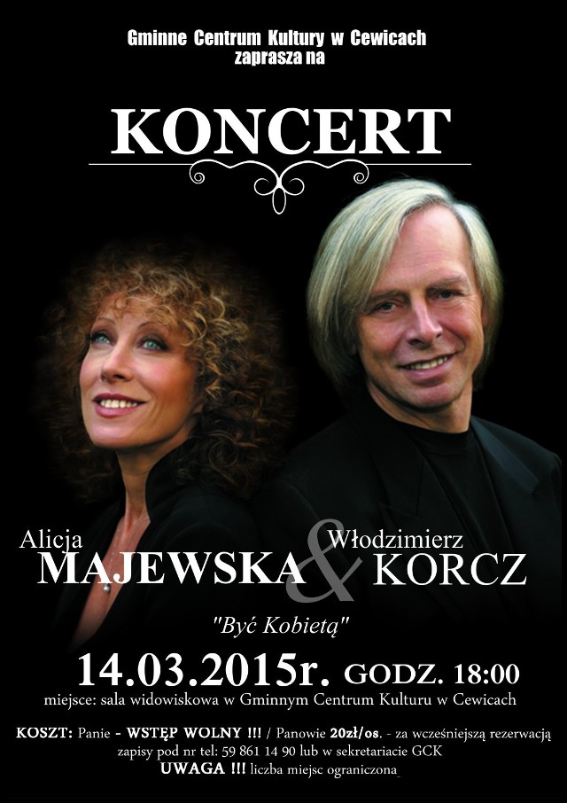 Zapowiedź koncertu Alicji Majewskiej i Włodzimierza Korcza w Cewicach