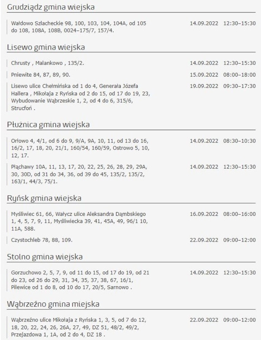 Tu nie będzie prądu w Kujawsko-Pomorskiem [miasta, gminy - 16.09.2022]