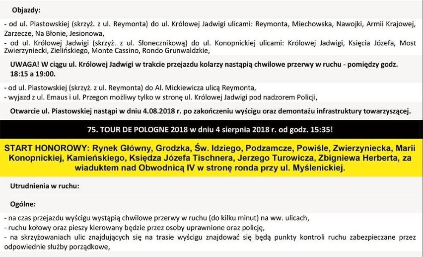 Tour de Pologne 2018 utrudnienia w Krakowie. Niektóre ulice...
