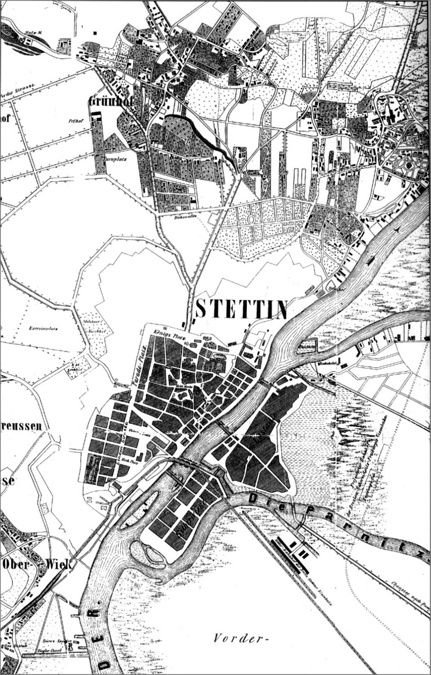 Plan miasta z około 1870 roku. Widoczna już linia kolejowa....