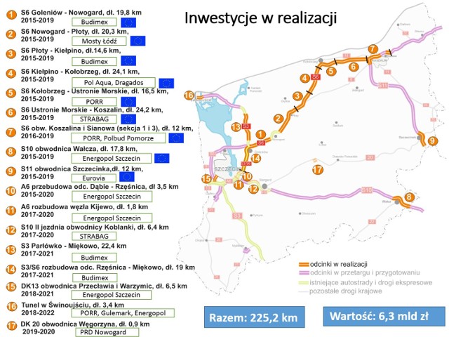 Mapka inwestycji drogowych na Pomorzu Zachodnim i zdjęcia z placu budowy obwodnicy Szczecinka