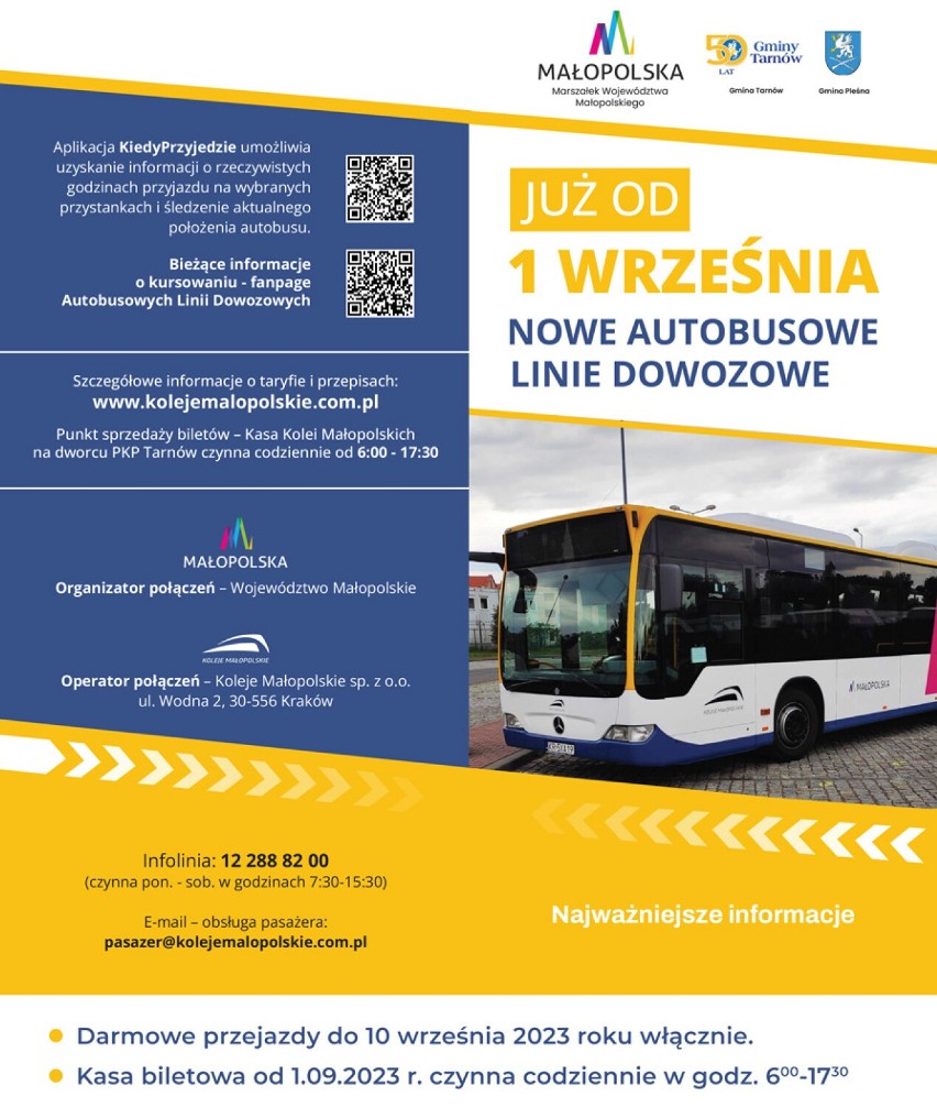Od 1 września mieszkańców gminy Tarnów i Pleśna czekają zmiany w komunikacji. Będzie nowy przewoźnik i darmowe przejazdy na początek