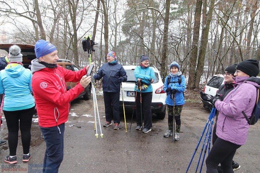 Włocławek, ul. Leśna. Trening pasjonatów nordic walking.