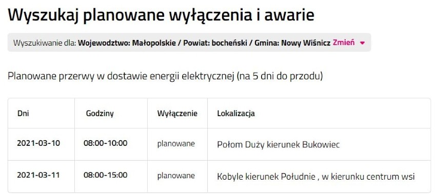 Wyłączenia prądu w powiecie bocheńskim [8.03.2021]