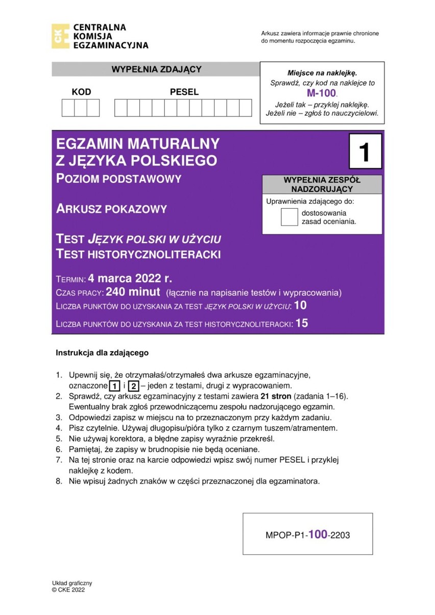 Arkusze pokazowe matury podstawowej z języka polskiego 2023