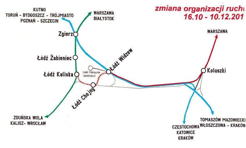 Czerwony: Pociągi Warszawa - Łódź kursują z i do stacji Łódź...