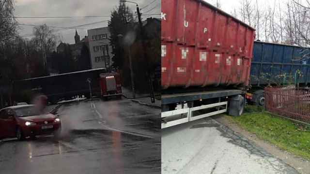 Po lewej efekt wpadki kierowcy ciężarówki w Wadowicach, po prawej w Kętach