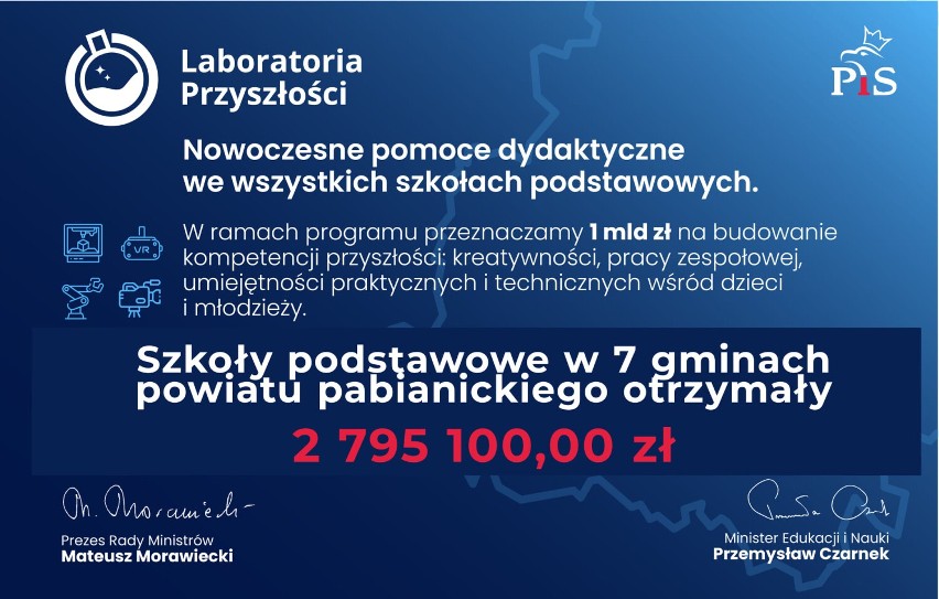 Wiceminister Tomasz Rzymkowski podał informację, że szkoły podstawowe z powiatu łęczyckiego otrzymały w sumie 1 310 000 złotych na tzw. „nowoczesną edukację”