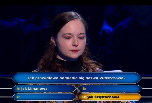 Natalia Adamczewska skorzystała z koła ratunkowego "pół na pół" i prawidłowo odpowiedziała na pytanie.