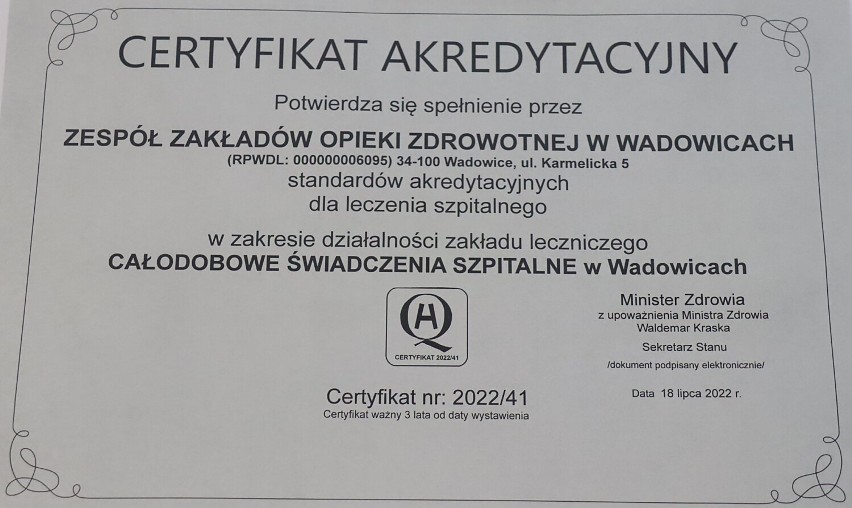 Zespół Zakładów Opieki Zdrowotnej w Wadowicach otrzymał...
