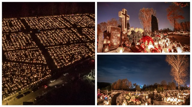 Cmentarz na Stradomiu nocą z lotu ptaka. Tysiące zniczy robi atmosferę