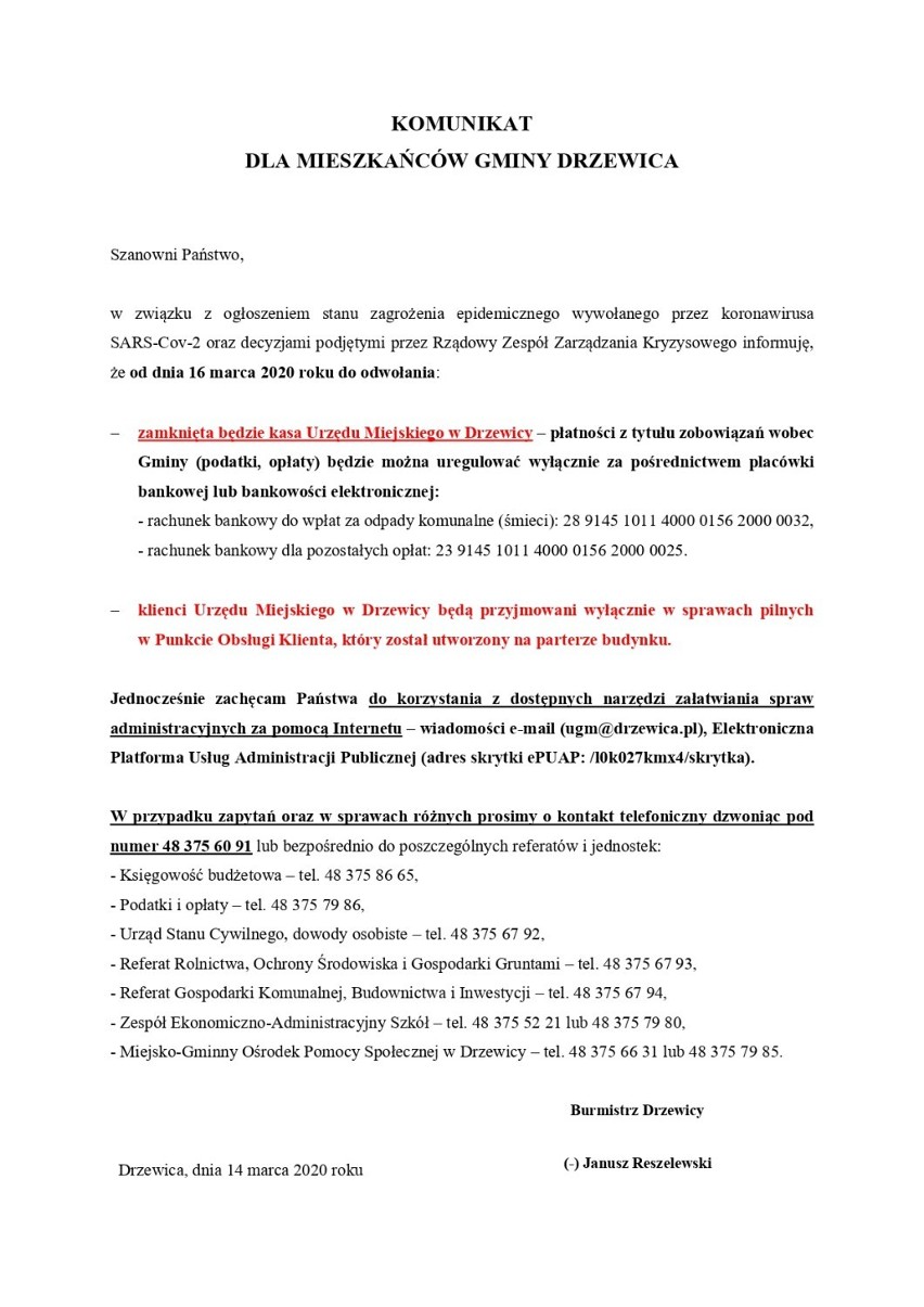 Koronawirus. W powiecie opoczyńskim urzędy wprowadziły ograniczenia w obsłudze mieszkańców [TELEFONY I ADRESY MAILOWE]]