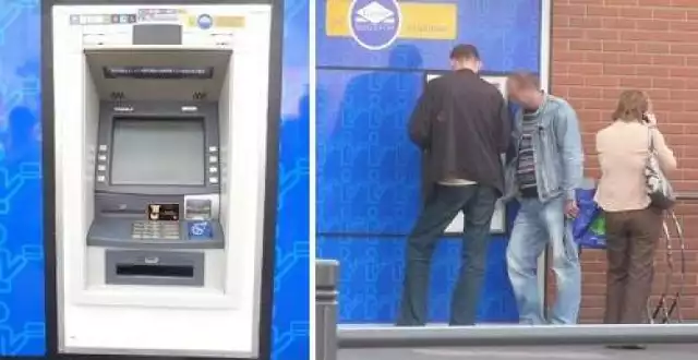 Na zdjęciu policjanci z wydziału PG stargardzkiej komendy i kobieta, której kartę zatrzymał zablokowany bankomat.