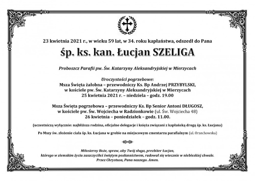 Nie żyje ks. Łucjan Szeliga, proboszcz parafii w Mierzycach. Pogrzeb księdza odbędzie się w poniedziałek
