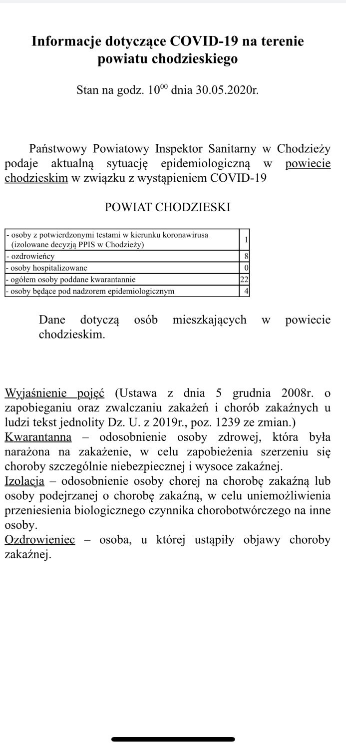 Koronawirus: W powiecie chodzieskim 1 osoba zakażona i 22 osoby na kwarantannie