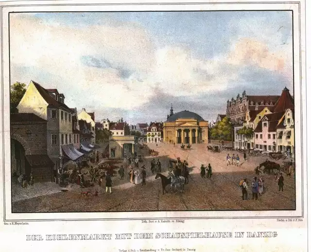 Targ Węglowy z teatrem w Gdańsku, litografia kolorowa, wg rysunku Eduarda Meyerheim, 1840 r.
