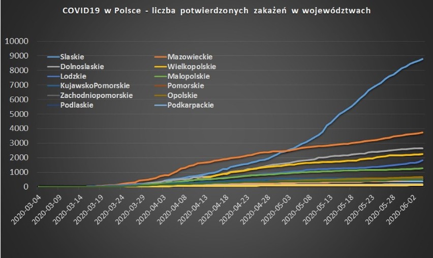 Przebieg liczby zakażeń z podziałem na województwa.

Zobacz...