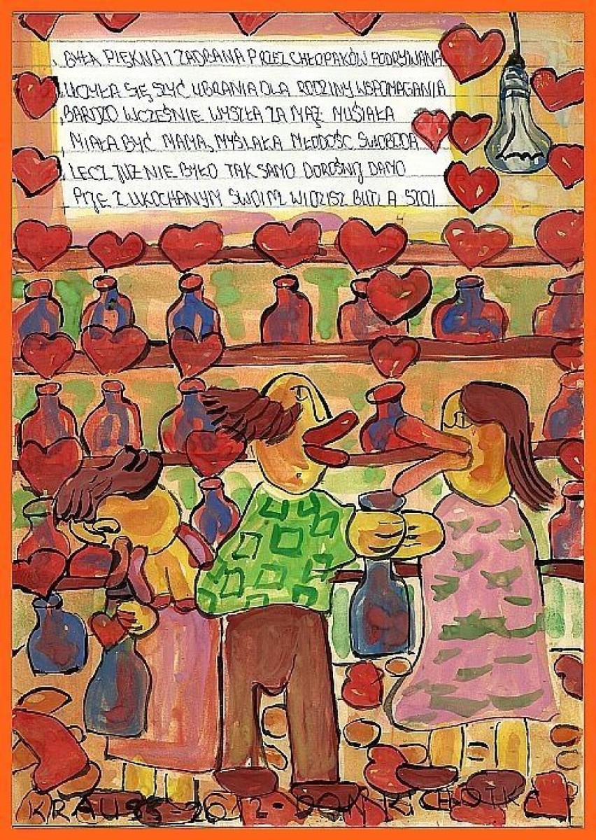 Obraz "Miłość - Butelka" z wierszem Don Kichotki, namalowany...