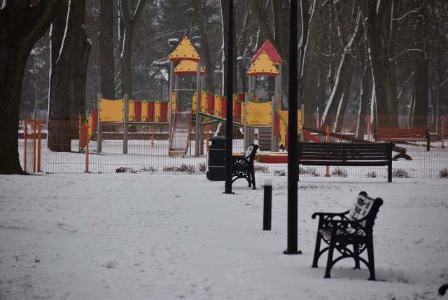 Park Tysiąclecia w Krośnie Odrzańskim w zimowej oprawie.