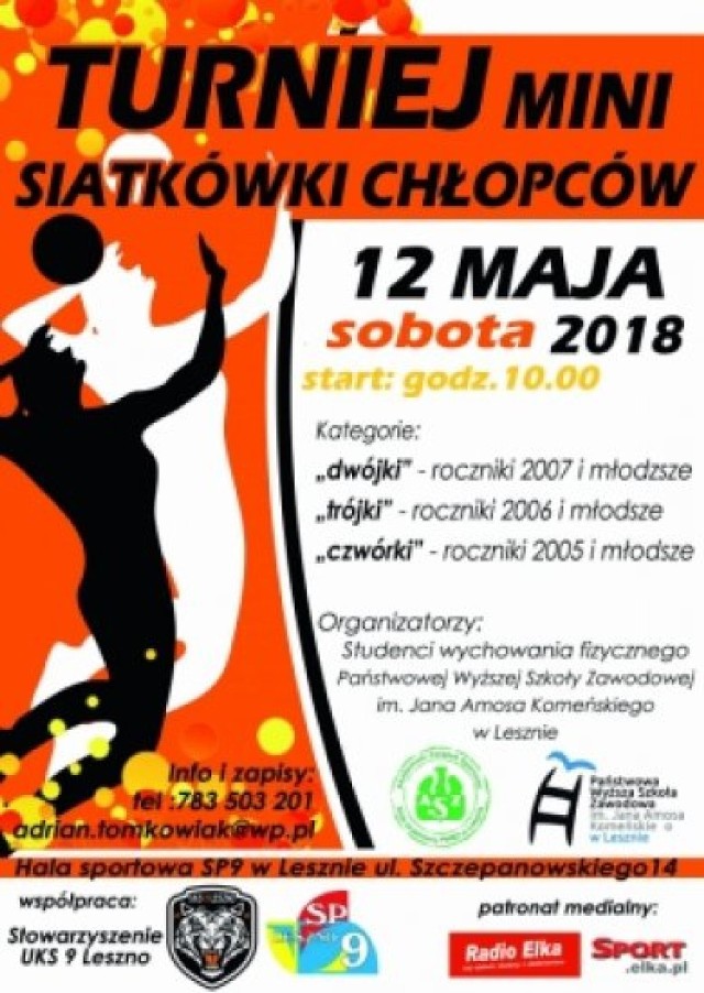 Turniej minii siatkówki chłopców odbędzie się 12 maja o godz. 10.00 w hali sportowej przy ul. Szczepanowskiego. Do rywalizacji przystąpią chłopcy z roczników 2005 - 2007 i młodsi. Turniej organizowany jest przez studentów wychowania fizycznego Państwowej Wyższej Szkoły Zawodowej w Lesznie przy wsparciu Stowarzyszenia UKS 9 Leszno.