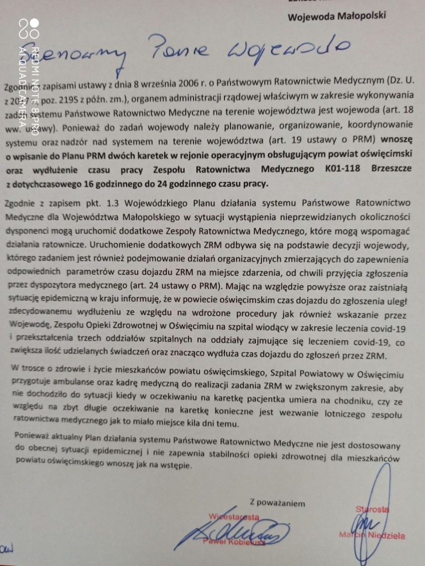 Władze powiatu oświęcimskiego dopominają się o karetki.