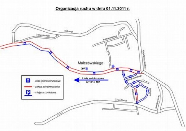 We wtorek 1 listopada

ul. Malczewskiego &#8211; jeden kierunek na odcinku od Al. Niepodległości do ul. Kolberga
ul. Księżycowa &#8211; jeden kierunek od ul. Malczewskiego do ul. 23 Marca
ul. Okrężna &#8211; jeden kierunek w stronę ul. 23 Marca
ul. Słoneczna &#8211; jeden kierunek w stronę ul. Okrężnej

W w/w okresie, tj. od dnia 29 października do 1 listopada pojazdy jadące od strony miasta Gdyni ulicą Sopocką i dalej ulicą Malczewskiego, na wysokości skrzyżowania z ulicą Kolberga będą kierowane objazdem.