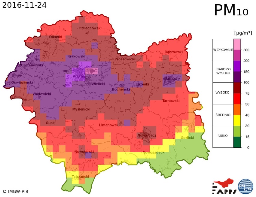 Prognoza stężeń pyłów PM 10 w Małopolsce na dzień 24...