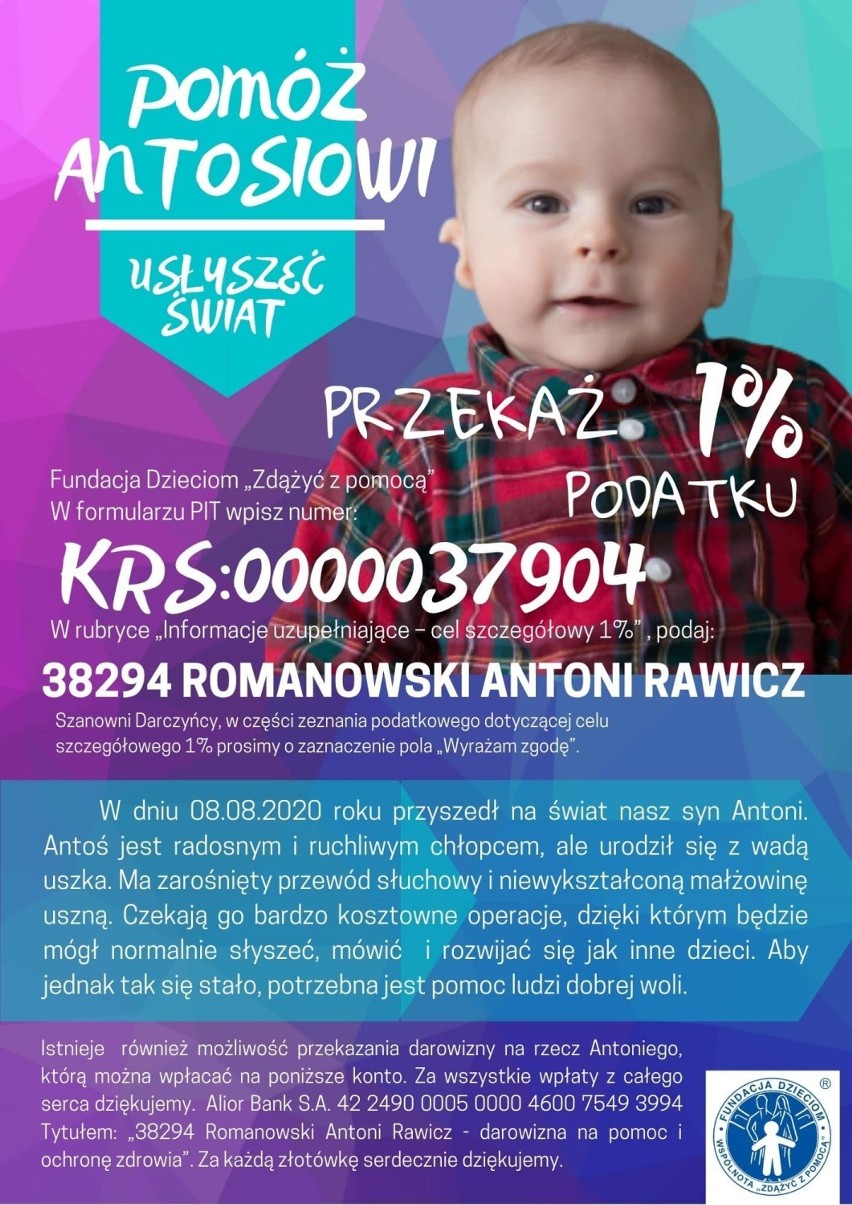 Mały Antoś Romanowski z Rawicza potrzebuje naszej pomocy. Trwa zbiórka na operację jego uszka