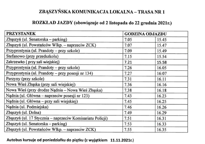 Gmina Zbąszyń: Aktualny rozkład jazdy komunikacji miejskiej w Zbąszyniu 2.11 - 22.12.2021