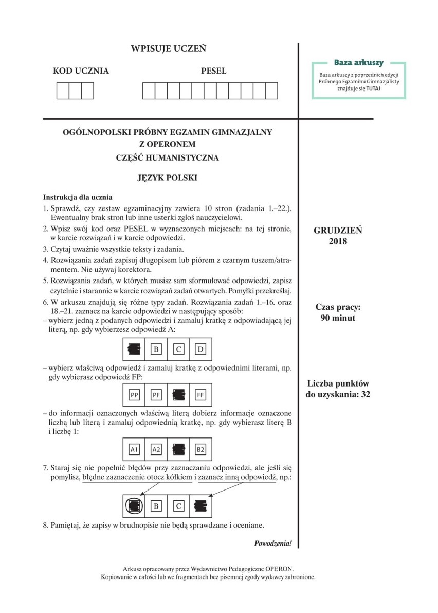 Egzamin Gimnazjalny 2018 Operon - próbny egzamin: J. POLSKI (Arkusz,  Odpowiedzi) | Kraków Nasze Miasto