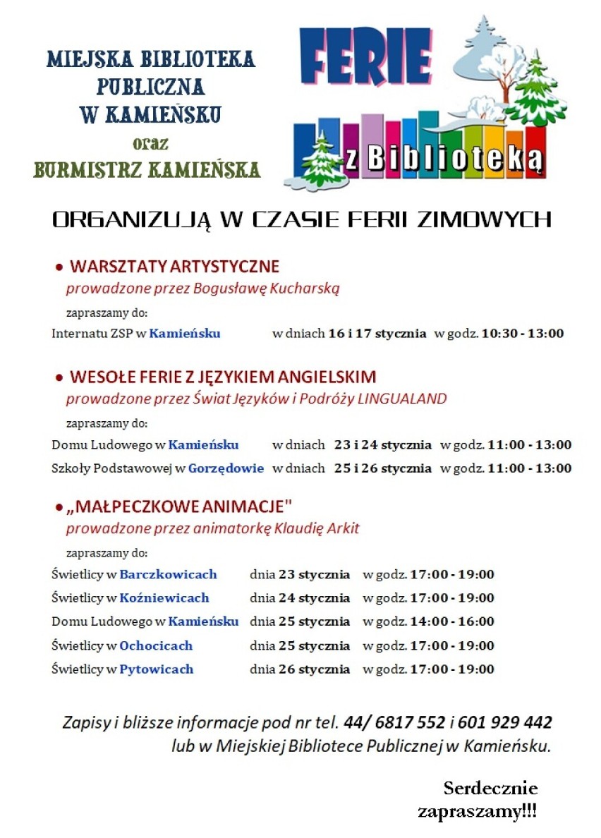 Ferie 2023 w Kamieńsku. Zaprasza Miejska Biblioteka Publiczna w Kamieńsku