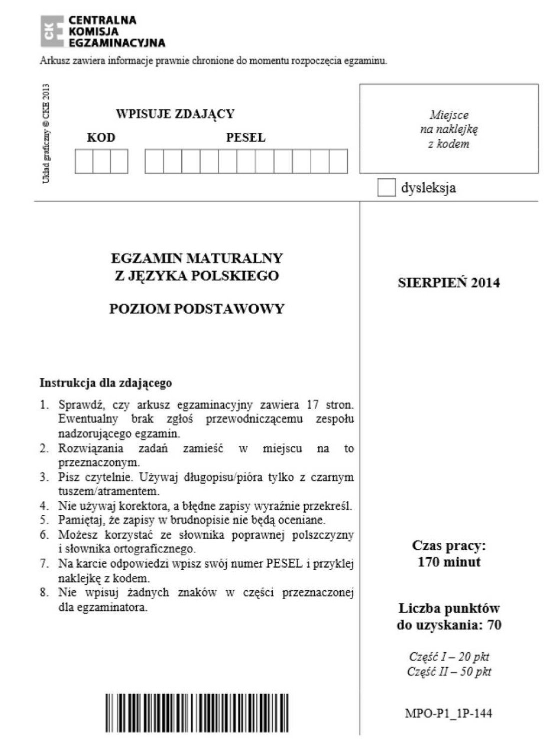 Matura poprawkowa 2015: POLSKI [arkusz, odpowiedzi] | Warszawa Nasze Miasto