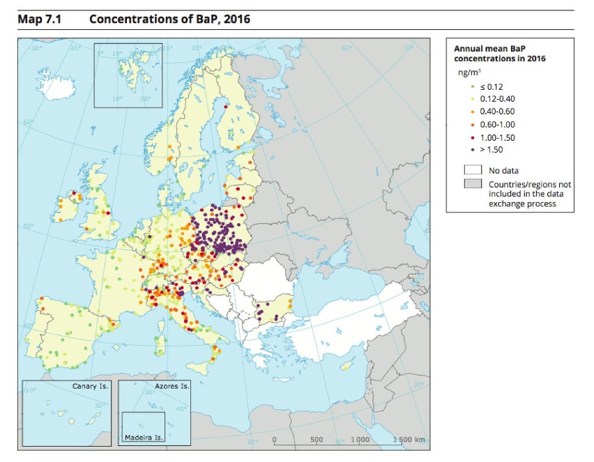 Koncentracja benzopirenu w Europie wg raportu Europejskiej...
