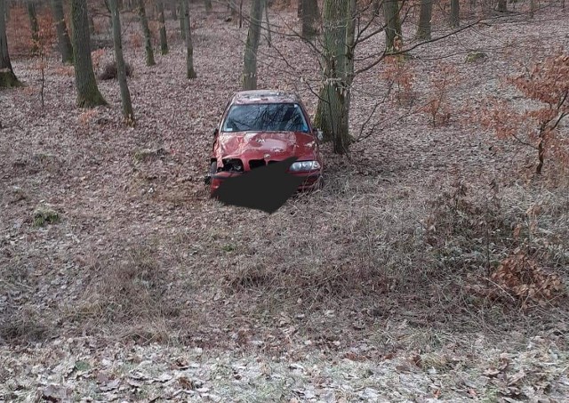 Kierowca bmw stracił panowanie nad pojazdem. Samochód wypadł z drogi i zatrzymał się w przydrożnym lesie.