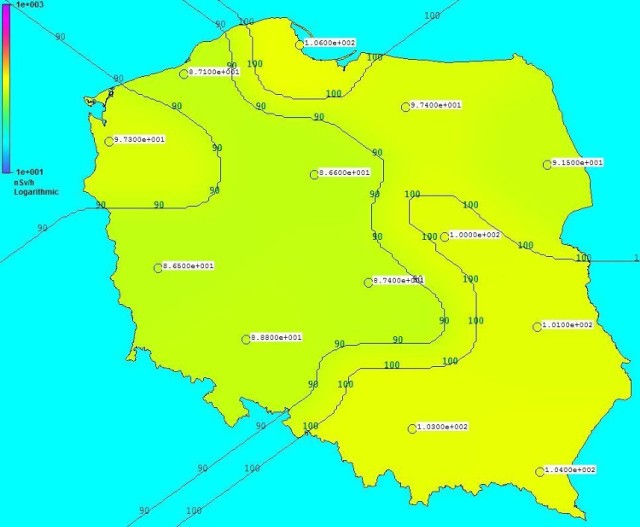 Rozkład mocy dawki promieniowania gamma w Polsce w dniu 25.03.2011r.