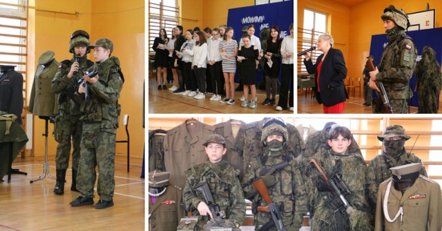 Apel patriotyczny w SP nr 3 w Aleksandrowie Kujawskim. Uczeń Norbert Gołębiewski z klasy 7A zaprezentował swoją kolekcję militariów.