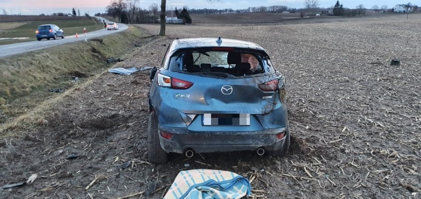 Wypadek pod Radzyniem Chełmińskim. Samochód uderzył w drzewo i wpadł na pole