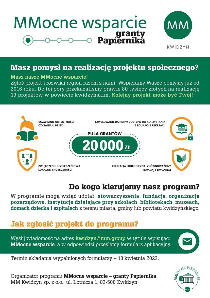 MM Kwidzyn ogłosiła program grantowy „Mmocne wsparcie – granty Papiernika”. Na dofinansowania projektów przeznaczono 20 tys. zł