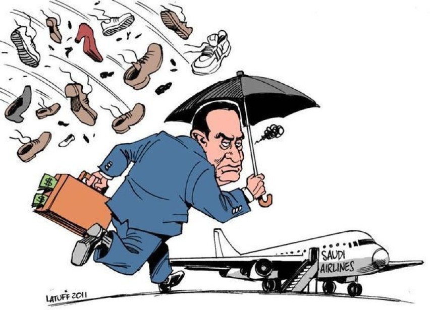 Karykatura przedstawiająca Hosniego Mubaraka. Media...