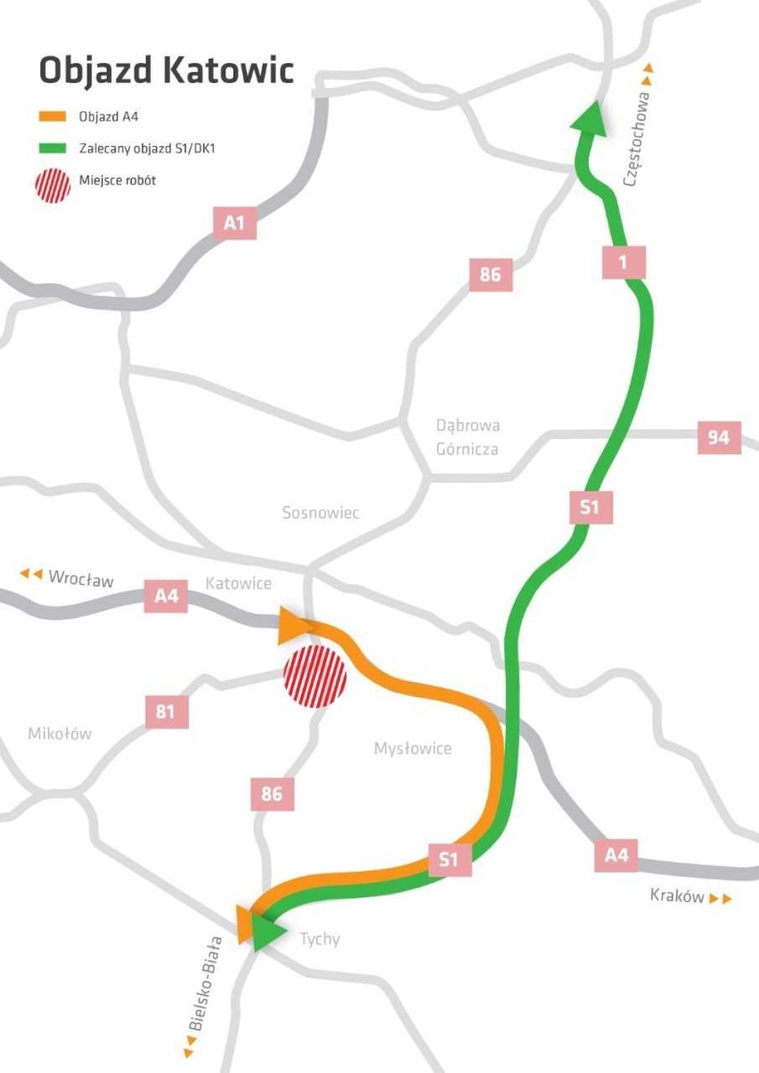 Przebudowa węzła Giszowiec - mapa objazdów