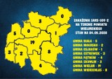 Mapa zarażeń koronawirusem w powiecie wieluńskim z podziałem na poszczególne gminy. 
