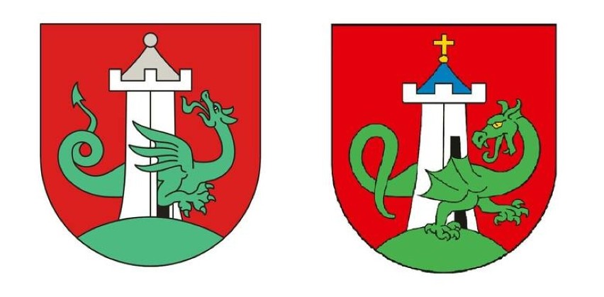 Po lewej herb po zmianie bez krzyża, po prawej - ostateczna wersja herbu, z krzyżem.