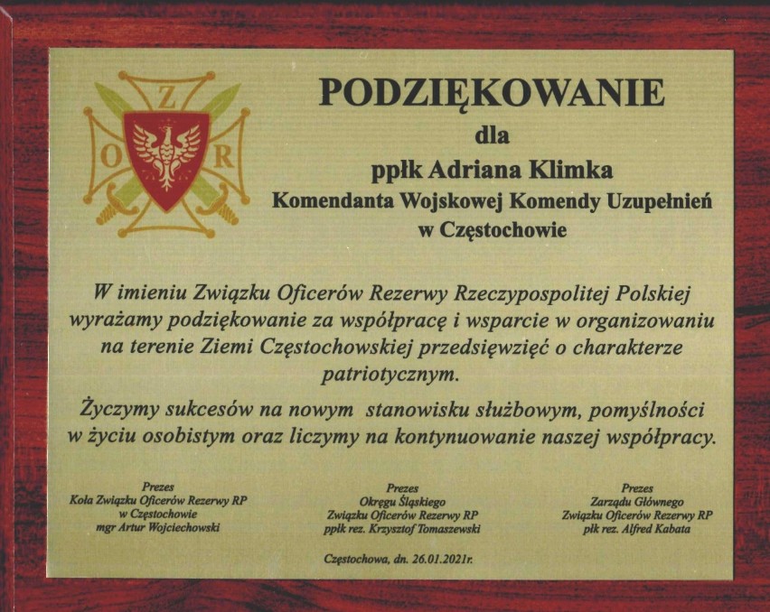 Częstochowa: Przedstawiciele władz miasta podziękowali za pracę komendantowi Wojskowej Komendy Uzupełnień