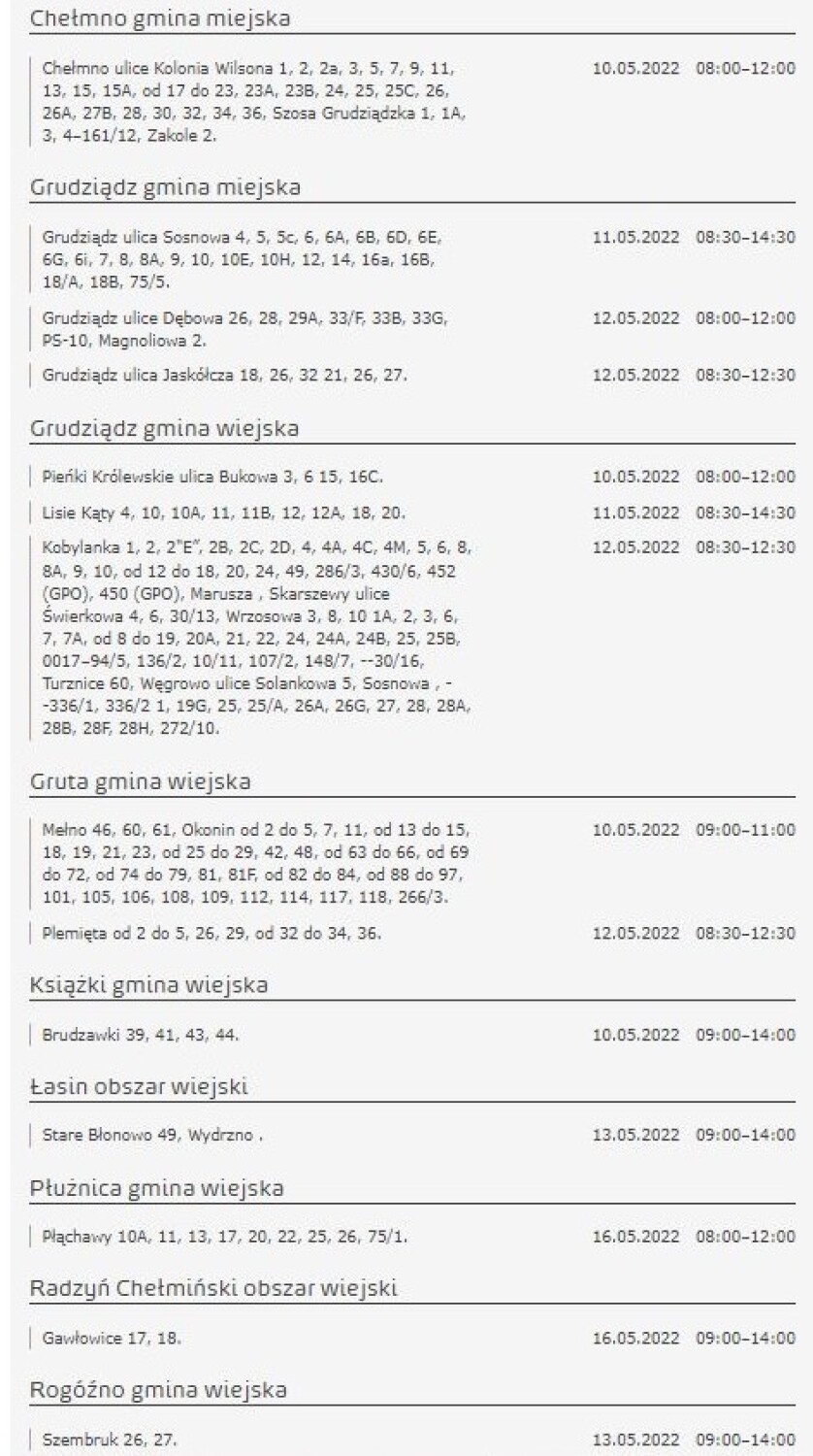 Tu nie będzie prądu w Kujawsko-Pomorskiem [miasta, gminy - 12.05.2022]