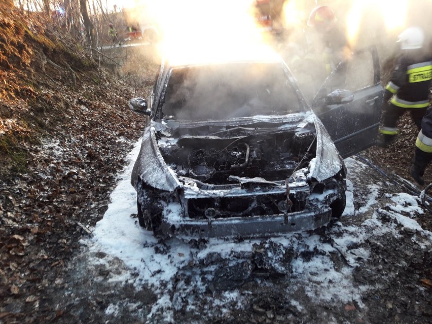 Pożar samochodu w Olszynach w gminie Rzepiennik Strzyżewski. Pojazd niemal całkowicie spłonął [ZDJĘCIA]