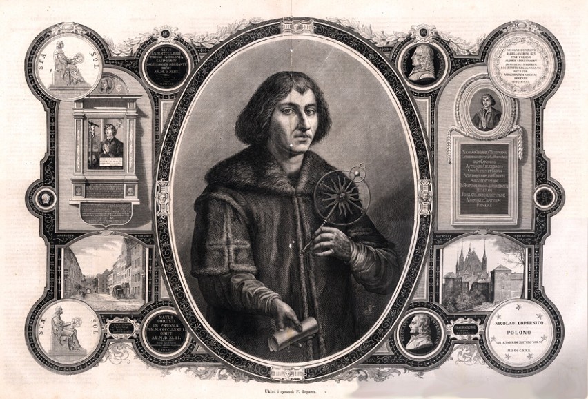 Wizerunek Kopernika otoczony pamiątkowymi szczegółami,...
