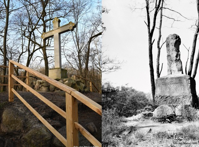 Krzyż wotywny w Żaganiu. Z lewej strony zdjęcie aktualne, z prawej zdjęcie archiwalne z 1980 roku