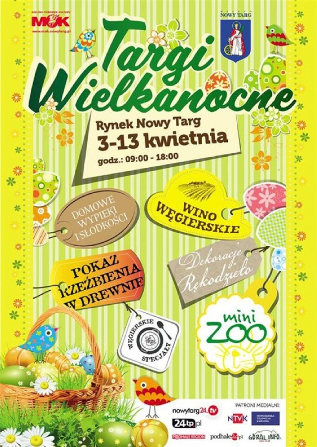 Do 13.04, w godzinach 8.00- 18.00
Rynek Nowy Targ

Na stoiskach jest zdrowa żywność, wędliny, ciasta, domowe wyroby według starych przepisów oraz rękodzieło - szczególnie to symbolizujące Wielkanoc. Burmistrz zwraca uwagę na "dobrze zaopatrzone stanowisko węgierskie", a wiceburmistrz Joanna Iskrzyńska-Steg poleca "imienne skarpetki" polskiego wytwórcy.