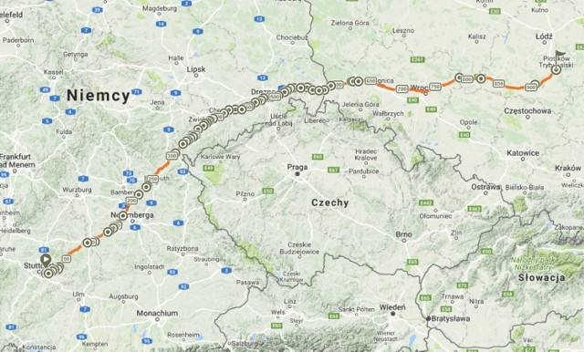 Sztafeta z Esslingen do Piotrkowa - trasa